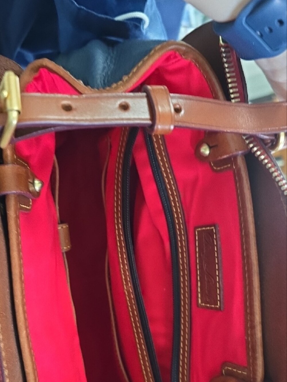 Dooney & Bourke Navy Pebbled Leather Satchel with Brown Trim - Picture 3 of 11